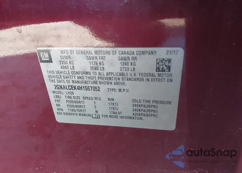 2017 Chevrolet Equinox Lt из США, поврежденный, VIN 2GNALCEK4H1567052